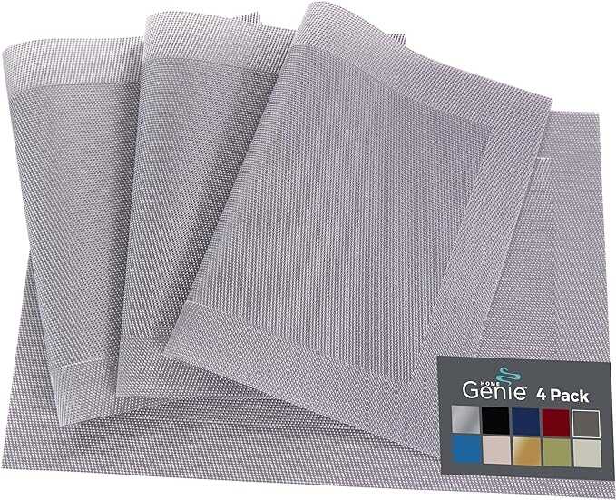 Home Genie Heat Resistant Placemats, Dining Room Table Mats, Protect Surfaces, Woven Placemat Setting for Dinner, Washable Vinyl Food Grade Mat, Kitchen Decor Accessories, Set of 4, Size 18x12, Silver