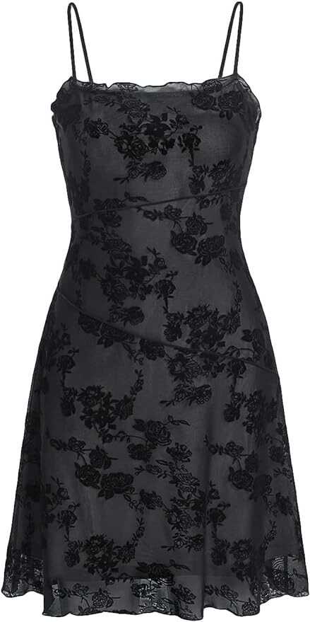 Verdusa Women's Lettuce Trim Floral Print Mesh Sleeveless A Line Short Cami Dress