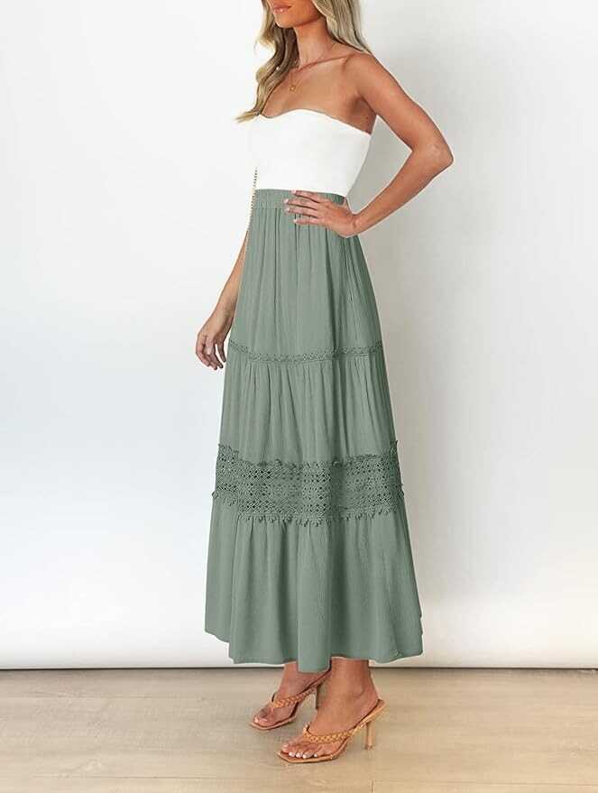 MEROKEETY Women's Boho Elastic High Waist Pleated A-line Ruffle Lace Trim Tiered Midi Maxi Skirt with Pockets