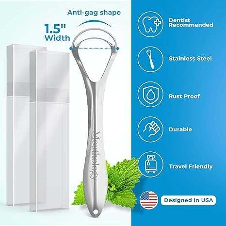 Mouthology Tongue Scraper for Adults, Stainless Steel Metal Tongue Scraper for Tongue Cleaning and Reducing Bad Breath, Handle Tongue Scraper for Oral Care with Case, Reusable (2 Pack)