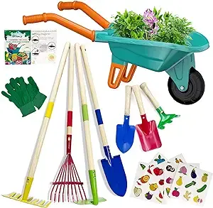 Qtioucp Kids Gardening Tools Outdoor Toys Set Backyard Play with Wheelbarrow Educational STEM Learning Pretend Toys Outdoor Indoor for Toddlers Kids Boys Girls (Green)