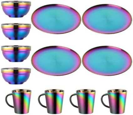 Dinnerware Sets Plates And Bowls Espresso Cups, Stainless Steel Dishes Pasta Bowls Insulated Coffee Mugs Set of 4, 12 Pcs Kitchen Essentials For Home Apartment Wedding Buyer Star, Rainbow
