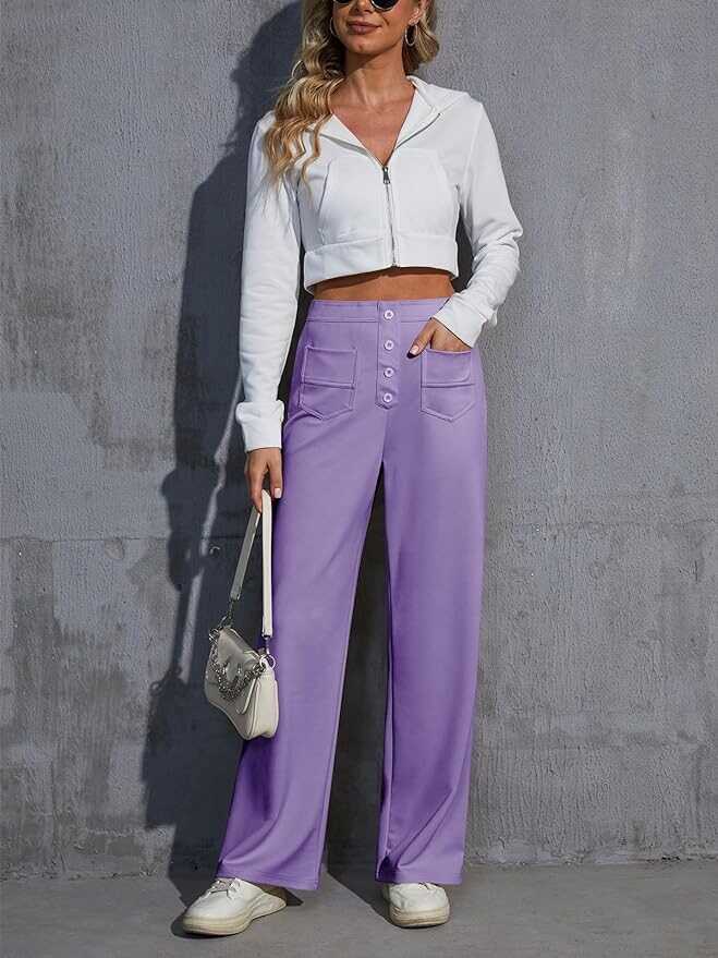 Yawburk Women's Work Pants High Elastic Waisted Trousers Straight Wide Leg Pants Button Down Casual Trousers with Pockets