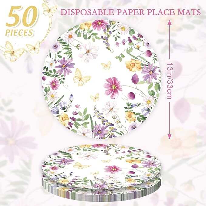 JarThenaAMCS 50 Sheets Butterfly Floral Round Paper Placemat Watercolor Flower Decorative Paper Table Mat for Spring Party Dinner Table, 13 Inch