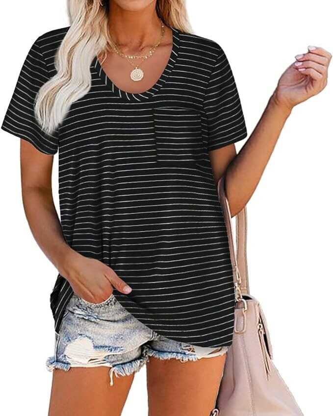 WIHOLL Women Summer T Shirts Short Sleeve Rounded V Neck Pocket Tee Tops
