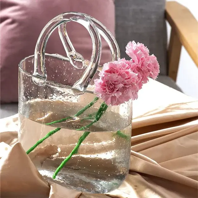 KYONANO Glass Purse Vases for Flowers,Hand Blown Pink Vase with Bubbles in It, Pink Flower Vase with Handles,Multifunction Bag Glass Vase for Home décor/Unique Fish Tank(1 Pink Vase Only)