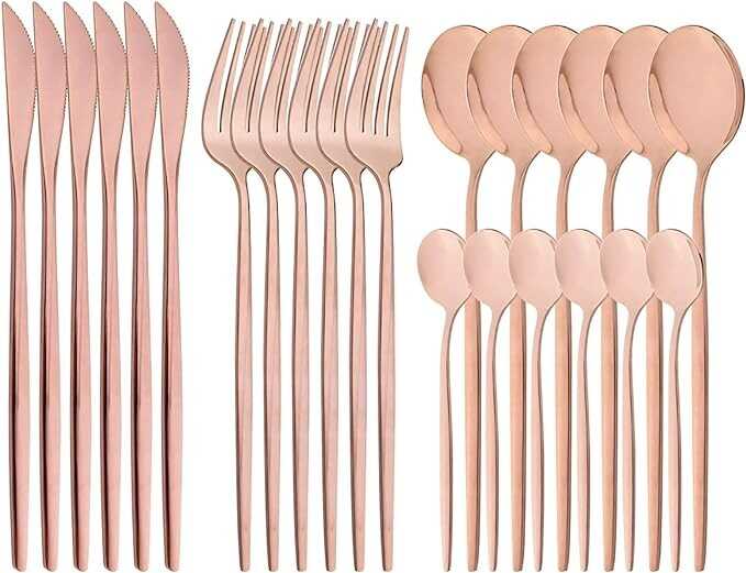 Snplowum 24-Piece Mirror Copper Polished Flatware, 18/0 Stainless Steel Dinnerware Set Include Knife Fork Spoon Teaspoon Cutlery Set For Home Restaurant and Party Service For 6, Dishwasher Safe