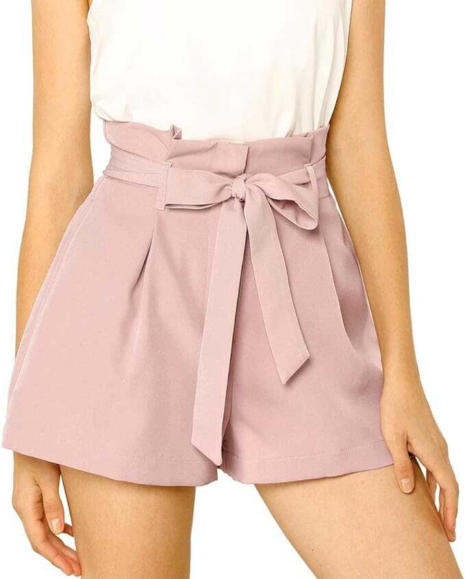 Allegra K Women's Bow Tie High Waist Short Paper Bag Shorts