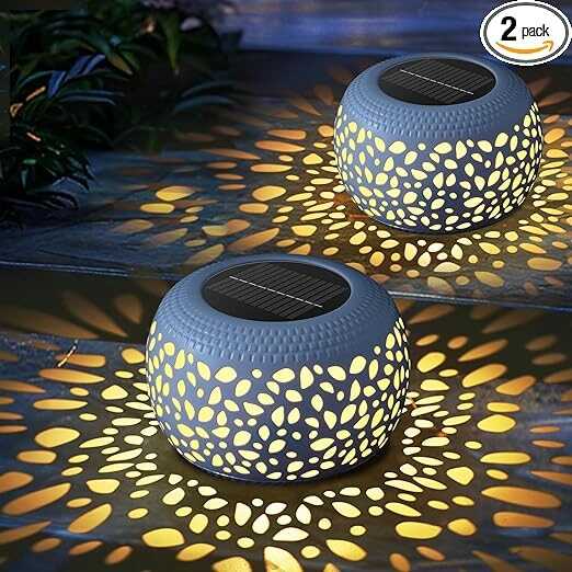Solar Lantern Garden Patio Decor: 2 Pack White Solar Lanterns Outdoor Waterproof, Solar Lights Outdoor for Table Balcony Deck Pathway Porch Yard Decorations, Outside Hollow Out Metal LED Solar Lantern