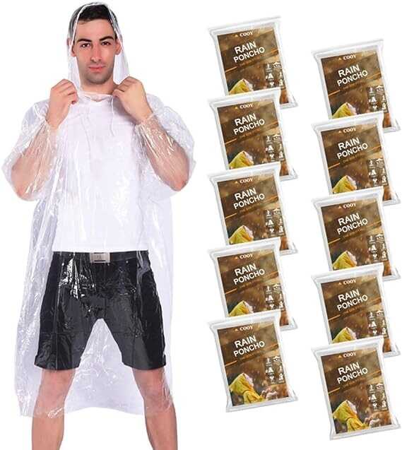 COOY Rain Ponchos,with Drawstring Hood （10 Pack） Emergency Disposable Rain Ponchos Family Pack for Adults,Clear