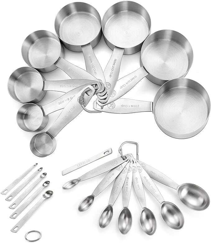 Measuring Cups and Spoons Set of 21 Piece in 18/8 Stainless Steel, Heavy Duty 8 Measuring Cups, 7 Measuring Spoons, 1 Leveler & 5 Mini Measuring Spoons Ideal for Dry and Liquid Ingredients