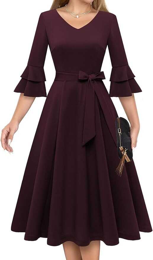DRESSTELLS Cocktail Dress for Women Elegant & Chic V-Neck Double Bell Sleeve Formal Modest Church Dress for Wedding Guest