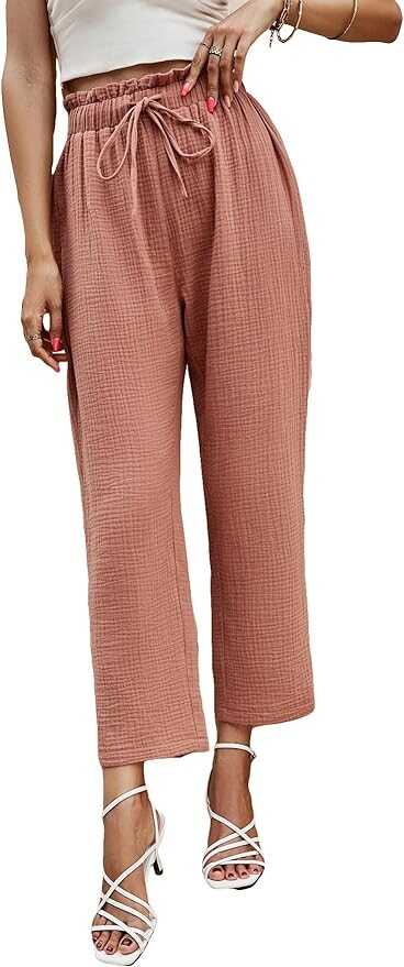 MakeMeChic Women's Paperbag Elastic High Waist Knot Front Tapered Pants Casual Solid Trousers