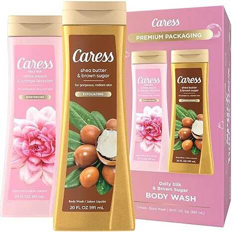 Caress Body Wash Set, Shea Butter & Brown Sugar + Daily Silk White Peach & Orange Blossom Moisturizing Body Wash for Gorgeous, Radiant Skin, Body Soap Liquid Set, 20 Fl Oz (2 Piece Set)
