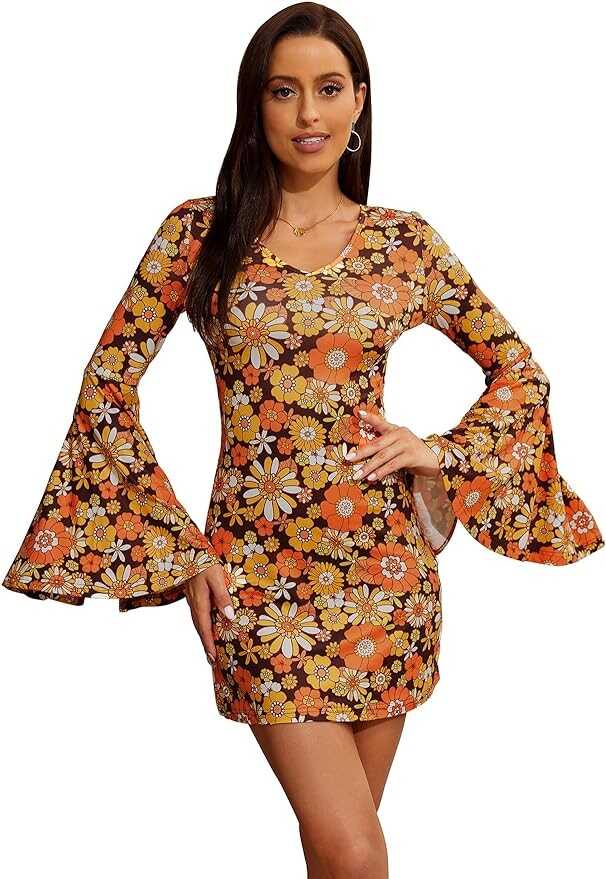 Verdusa Women's Floral Print Bell Long Sleeve V Neck Mini Bodycon Dress