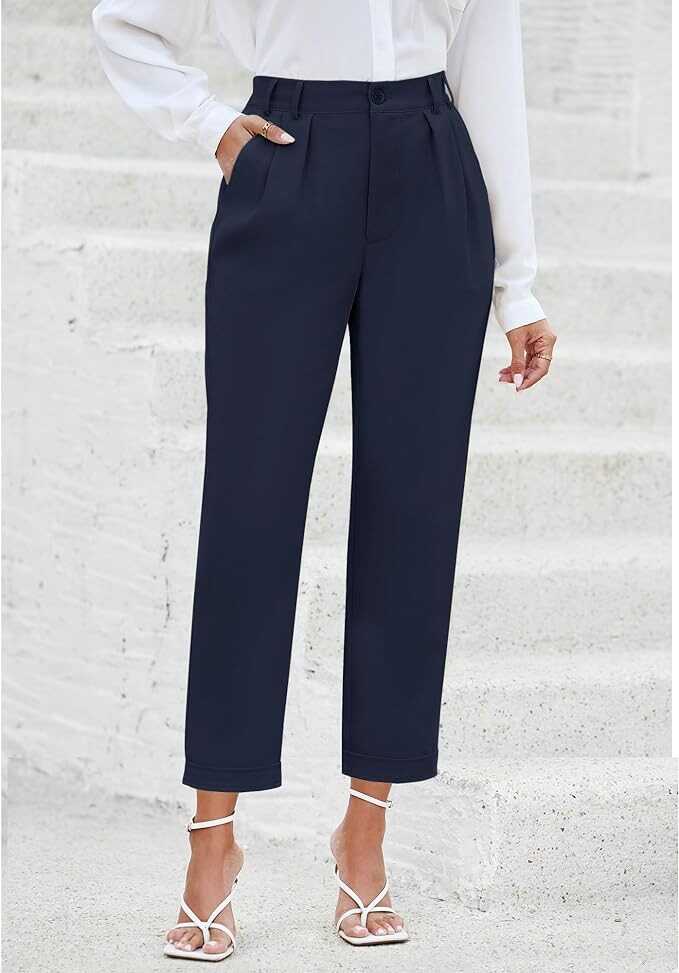 GRAPENT Capri Dress Pants for Women High Waisted Pleated Lightweight Straight Leg Elastic Wasit Crop Trousers Work Pants