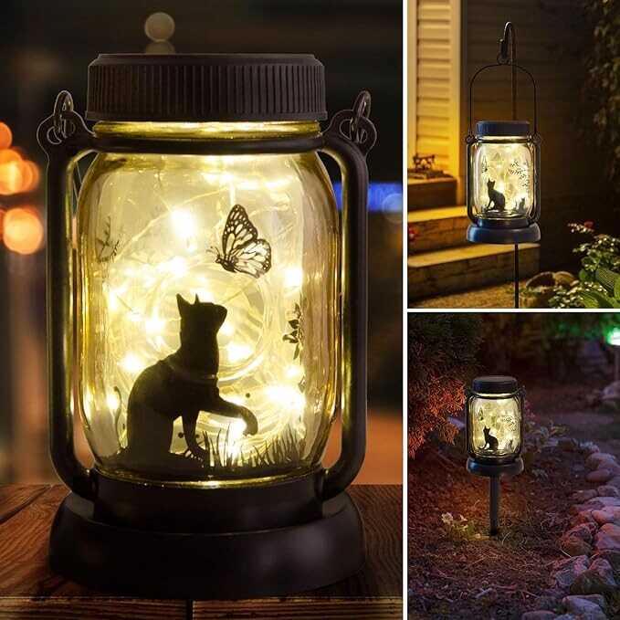 Cat Lantern Garden Light Garden Decor, Cat Gifts Garden Gifts Gifts for Women Gifts for Woman Gifts for Mom Gifts for Grandma Jar Light Gifts for Friends Cat Gifts for Cat Lover Cat Decor Garden Decor