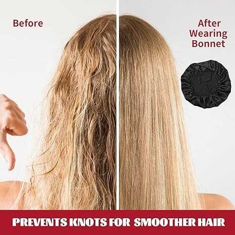 2Pcs Silk Bonnet for Sleeping, Satin Hair Bonnets, Soft Elastic Band Silk Sleep Cap, Silk Hair Wrap for Curly Hair Shower Cap (Black)