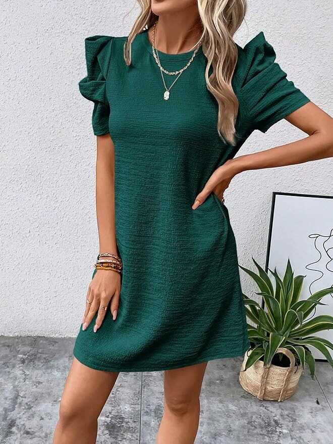 SOLY HUX Women's Puff Short Sleeve Tunic Dress Keyhole Back Short Dresses