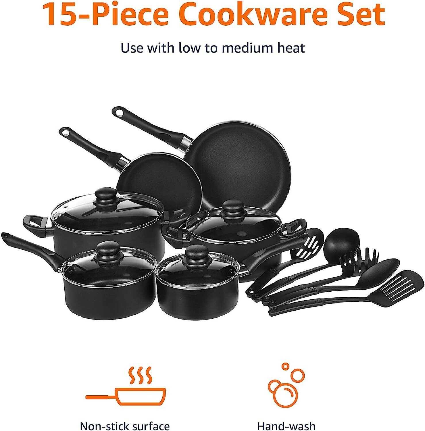 15-PIECE NON-STICK COOKWARE SET Home Kitchen Cooking Pots Pans Utensils Black US