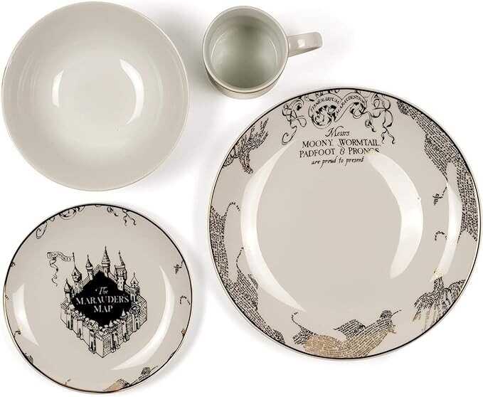 Harry Potter Marauder's Map Porcelain 4 Piece Place Setting - Gold Marauders Map Design - Includes 1 Dinner Plate, 1 Salad Plate, 1 Bowl and 1 Mug - Great Gift for Any Harry Potter Fan