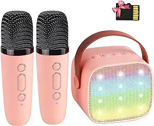 YLL Mini Karaoke Machine for Kids Adults, Portable Bluetooth Speaker with 2 Wireless Microphones,18 Pre-Loaded Songs Toys Birthday Gifts for Girls 4, 5, 6, 7, 8+ Years Old Toddler Teens (Lightpink)