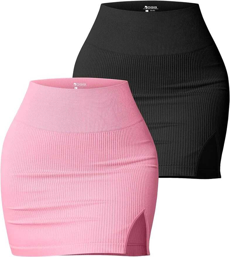 OQQ Women's 2 Piece Skirts Basic Casual Versatile Stretchy Ribbed Split High Waist Mini Skirt