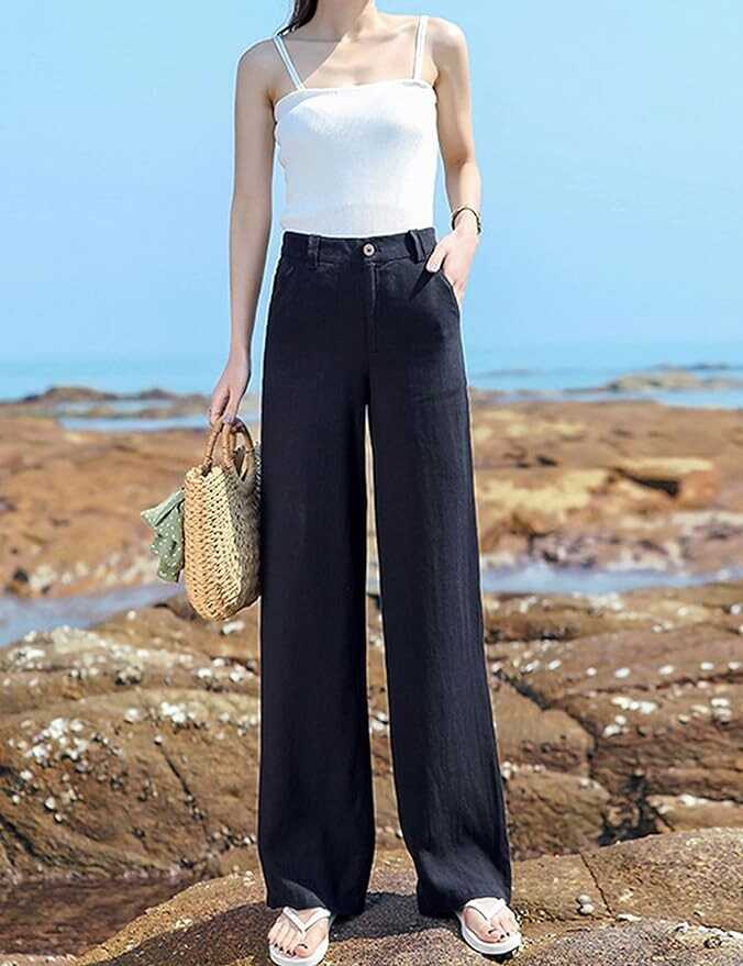 Hooever Womens Casual High Waisted Wide Leg Pants Button Up Straight Leg Trousers