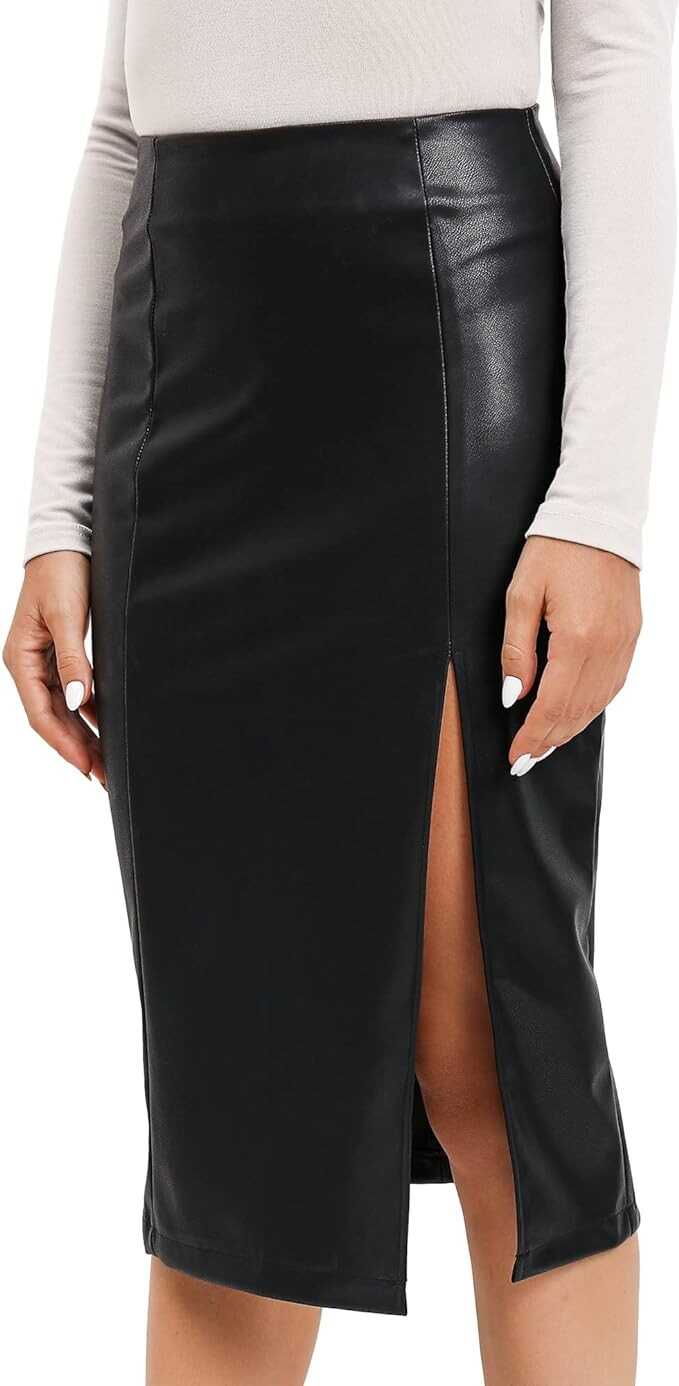 MANGOPOP Women's Basic High Waist Faux Leather Bodycon Mini Pencil Skirt