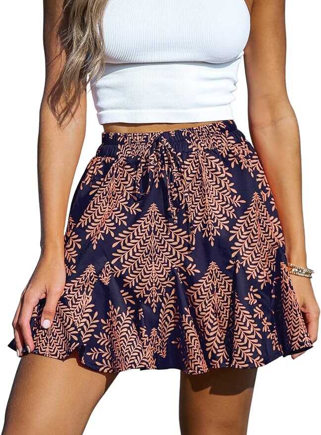 CUPSHE Women Summer Ethnic Print Drawstring Skirt Ruffled Hem A-line Mini Skirts Cute