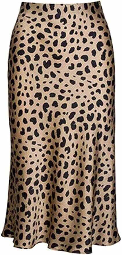 Leopard Skirt for Women Midi Length High Waist Silk Satin Elasticized Cheetah Skirts