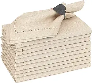 Ruvanti Premium Linen Napkins Set of 12-20x20 Inch, Classic Hemstitch, Mitered Corner Cloth Napkins‎‎ - Soft, Elegant Dinner Napkins Cloth Washable for Weddings, Parties, Everyday Use - Natural