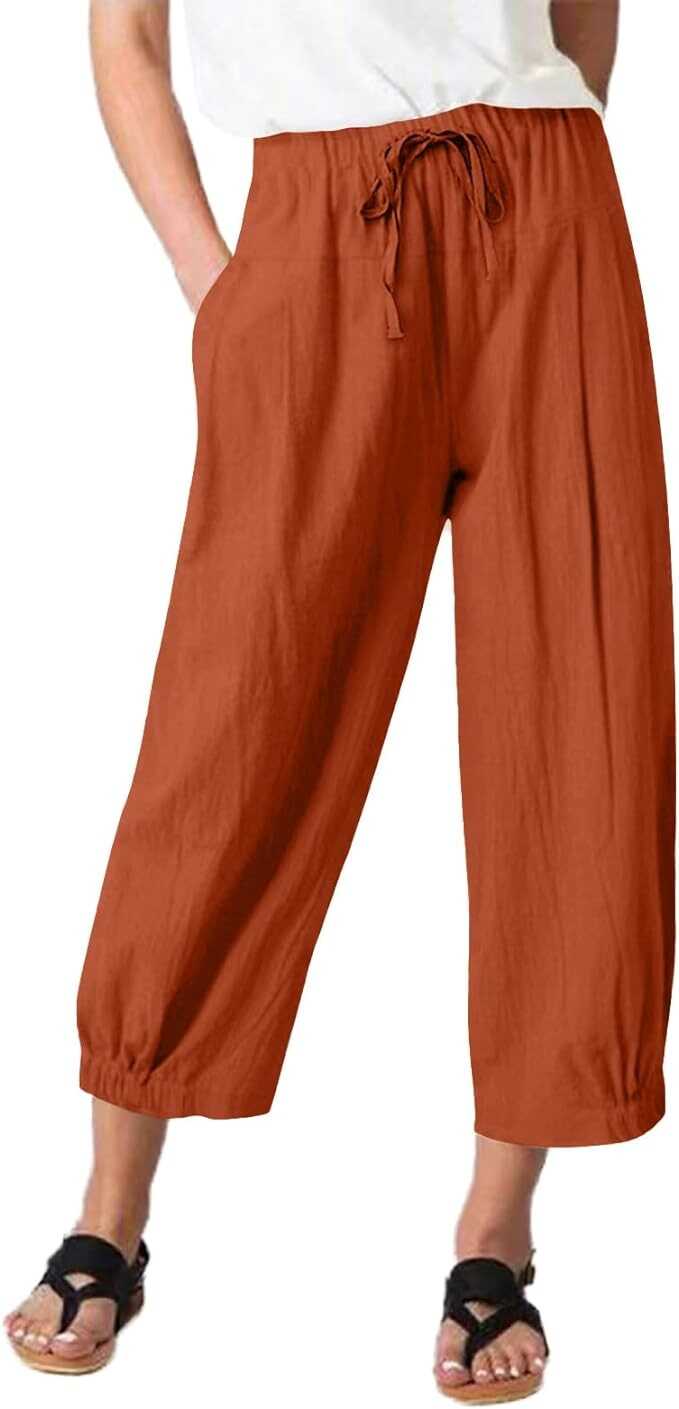 TBA Women's Casual Pants Summer Wide Leg Capris Drawstring Elastic High Waist Cotton Cropped Trousers with Pockets
