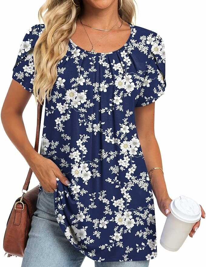 Anymeet Women's Tops 2024 Summer Tunic Short Petal Sleeve Casual Shirts Pleated Blouses for Leggings