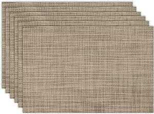 Placemats Set of 6 Washable Indoor/Outdoor Vinyl Place Mats for Dining Table Durable Non-Slip Heat Resistant PVC Weave Table Mats（Khaki）