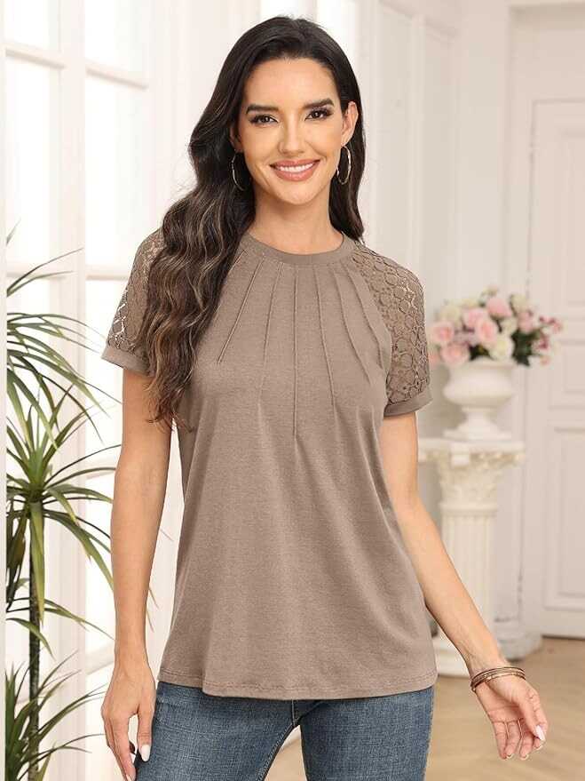 AUTOMET Womens Tshirts Trendy Fashion Tops Lace Short Sleeve Business Tee Shirts Casual Knitted Blouses Summer Outfits 2024