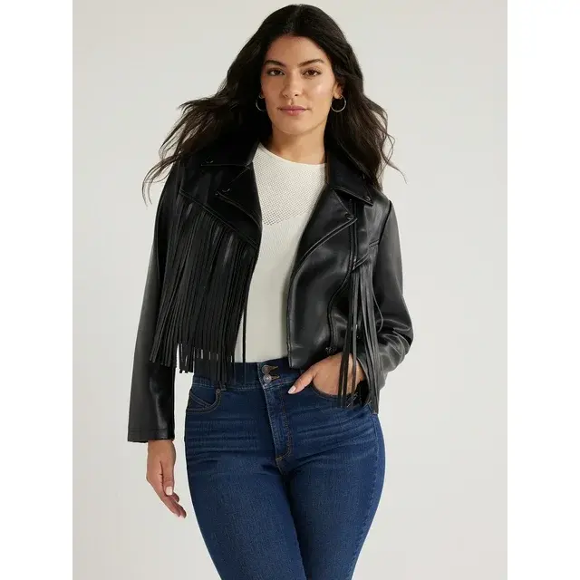 Sofia Jeans Women's Faux Leather Asymmetrical Zip Cropped Fringe Jacket, Sizes XS-XXL