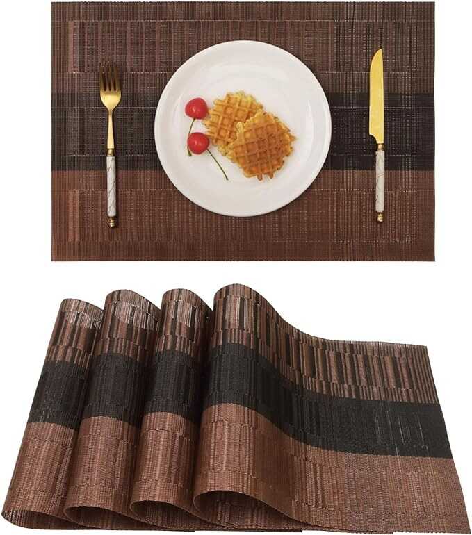 Vinjiasin Placemats Set of 4 for Dinner Table Brown Gradient Stripes Placemats Vinyl Woven Place Mats Kitchen Table Mats for Indoor Outdoor Washable Sturdy Heat Resistant Easy to Clean