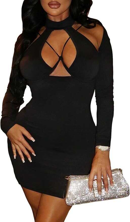 SOLY HUX Women's Hollow Out Mock Neck Sexy Dress Criss Cross Long Sleeve Club Night Out Pencil Mini