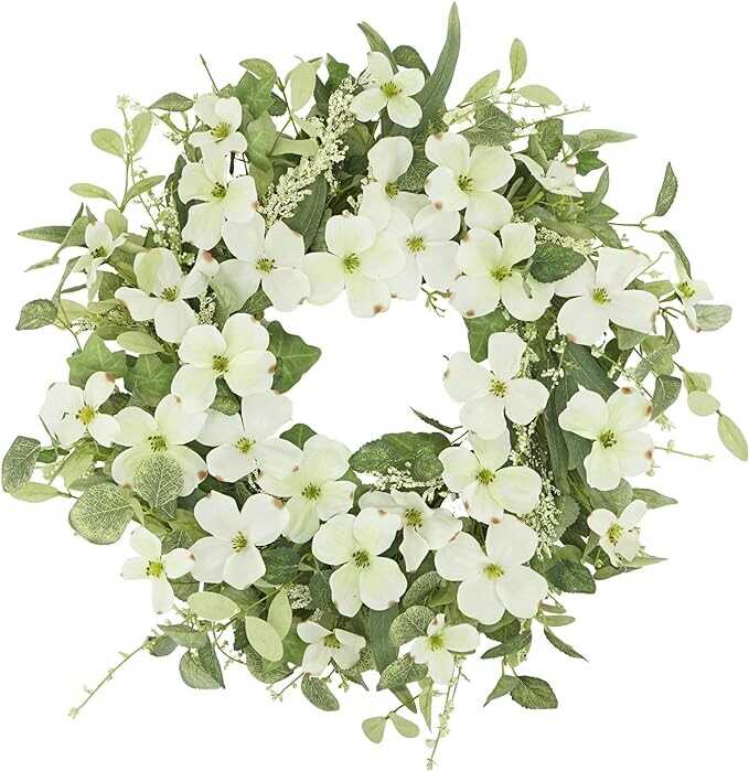 YNYLCHMX 18" Spring Wreaths for Front Door Summer Wreath with White Phalaenopsis Green Eucalyptus Leaves, Artificial Wreath Green Foliage Wreath for Wall Window Farmhouse Party Holiday Home Decor
