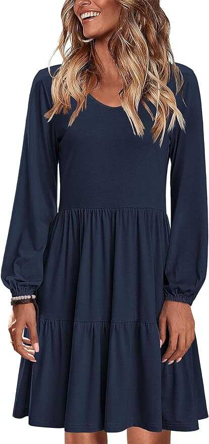 HOTOUCH Women Casual Tunic Dress V Neck Tiered Dress Long Sleeve Fit Swing Shift Dress with Pockets Loose Ruffled Dresses