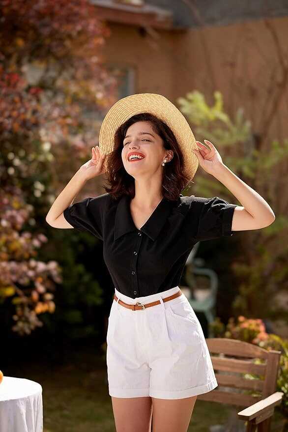 Belle Poque Women Bermuda Shorts Elastic Waist Wide Leg Shorts with Pockets & Belts