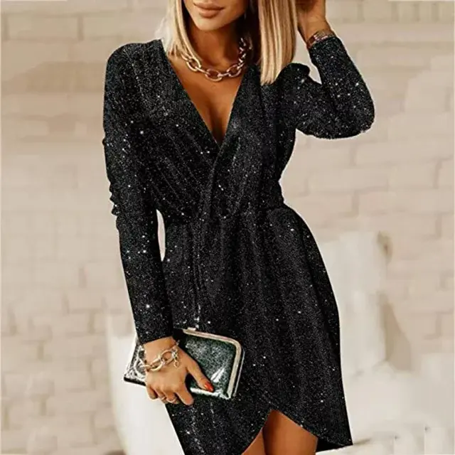 2023 Summer Savings Dresses for Womens,Women Sequin Sexy V-neck Solid Slimming Long Sleeve Buttocks Slit Party Dress Black L