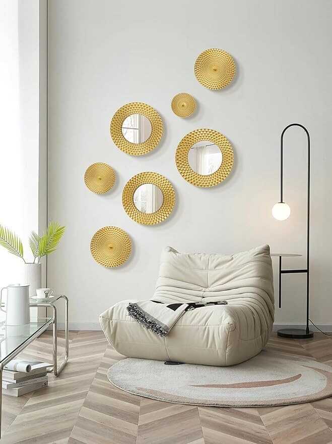 TEIPAI Gold Mirror Wall Decor for Living Room Porch Hallway, 7PCS Gold Metal Wall Art for Bedroom Decoration, Mandala Boho Decor for Office Dining Room Apartment New Home Gift