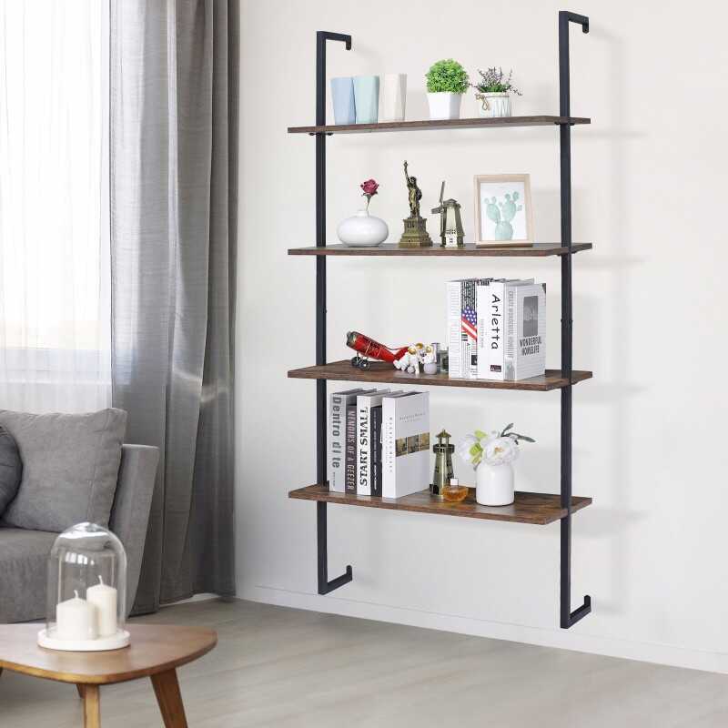 4 Tier Pipe Bookshelf Wall Mount Shelf Floating Bookcase Industrial Metal Frame