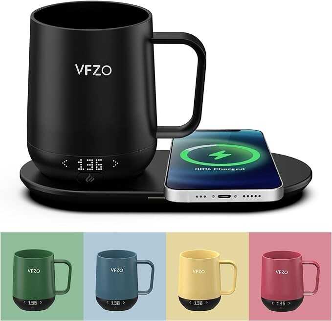 VFZO Temperature Control Smart Mug, Self Heating Coffee Mug LED Display, 180 Min Battery Life - Hot up to 149℉ Fast Wireless Charger Base Improved Design (12oz, Black)