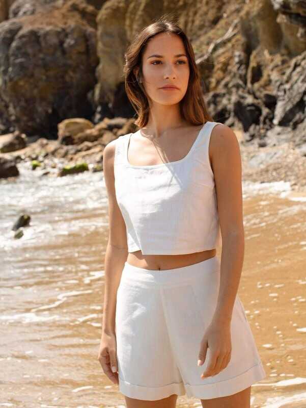 100% Organic Cotton Linen Two Piece outfits Women Linen shorts set crop tank top