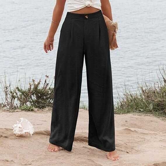 eoeioa Wide Leg Pants for Women Dressy Button High Waisted Business Pants Summer Casual Work Beach Pants Trousers with Pocket
