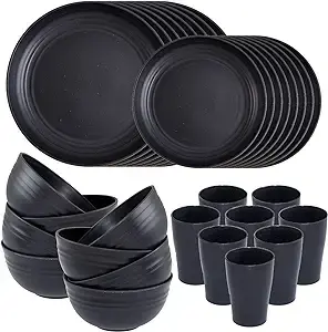 Supernal Wheat Straw Dinnerware Sets,Unbreakable Dinner Plates for 8,Microwave Dishwasher Safe,Reusable Dinnerware,Black Set 16pcs Plates, 8pcs Bowls, 8pcs Cups.