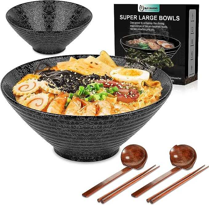 NJCHARMS Ceramic Ramen Bowl Set of 2, 60 oz Japanese Noodle Soup Bowls with Spoons and Chopsticks for Ramen Soup Pho Udon Asian Noodles, Large Noodle Bowls